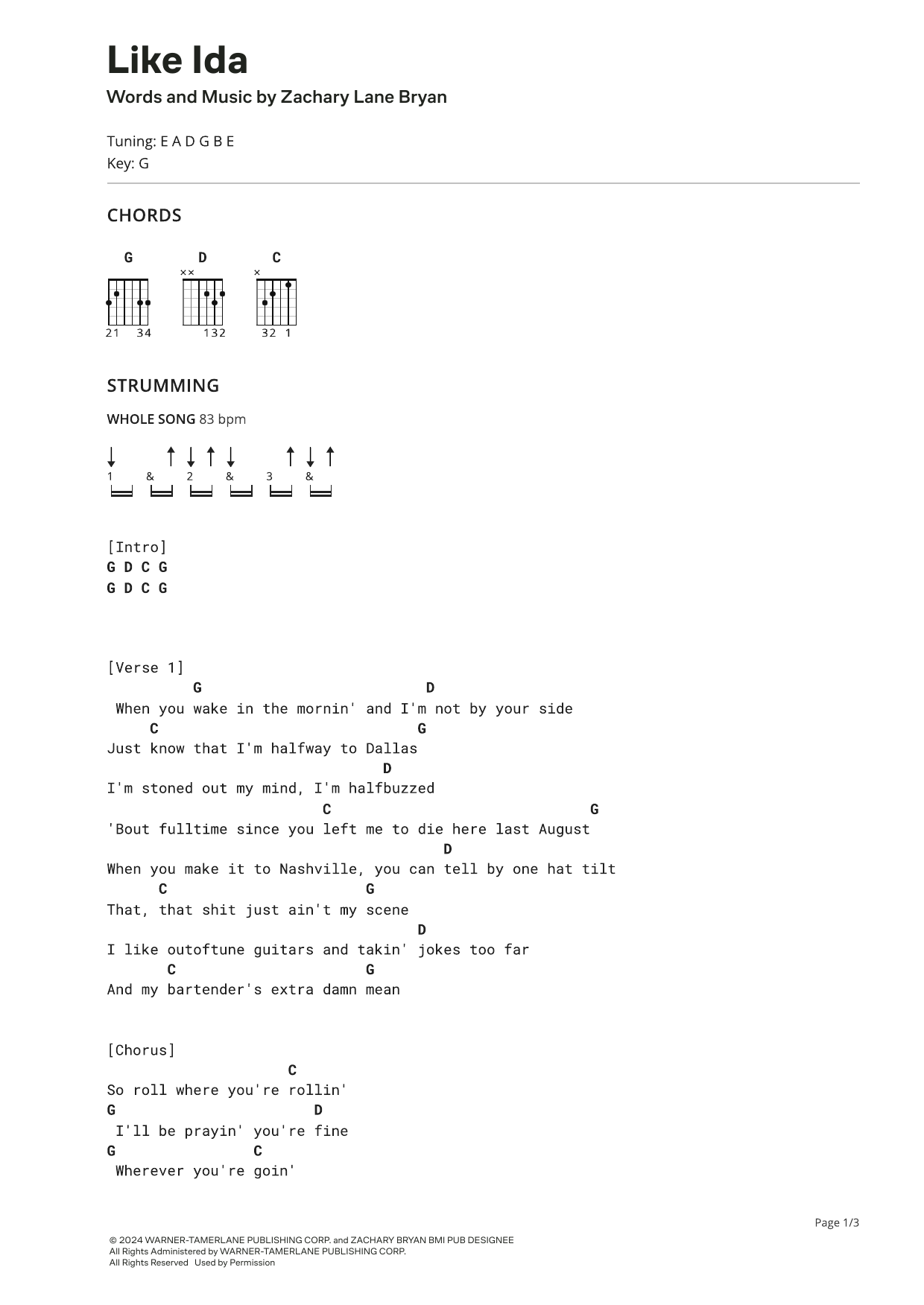 Zach Bryan Like Ida Sheet Music Notes & Chords for Ultimate Guitar - Download or Print PDF