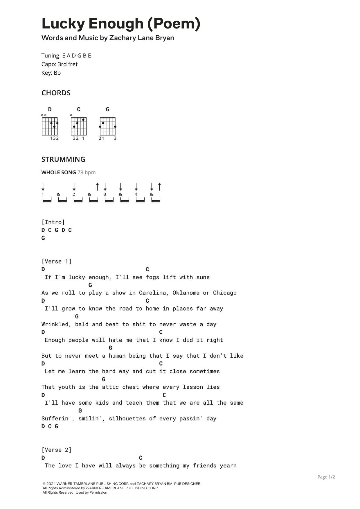 Zach Bryan Lucky Enough (Poem) Sheet Music Notes & Chords for Ultimate Guitar - Download or Print PDF