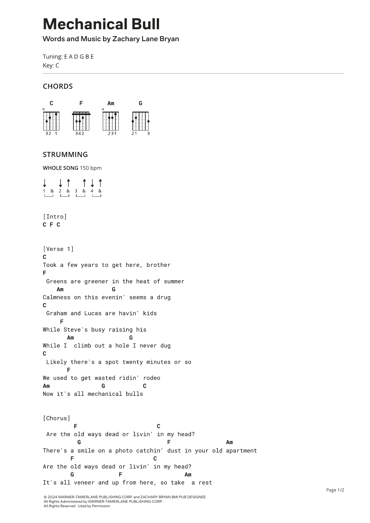 Zach Bryan Mechanical Bull Sheet Music Notes & Chords for Ultimate Guitar - Download or Print PDF