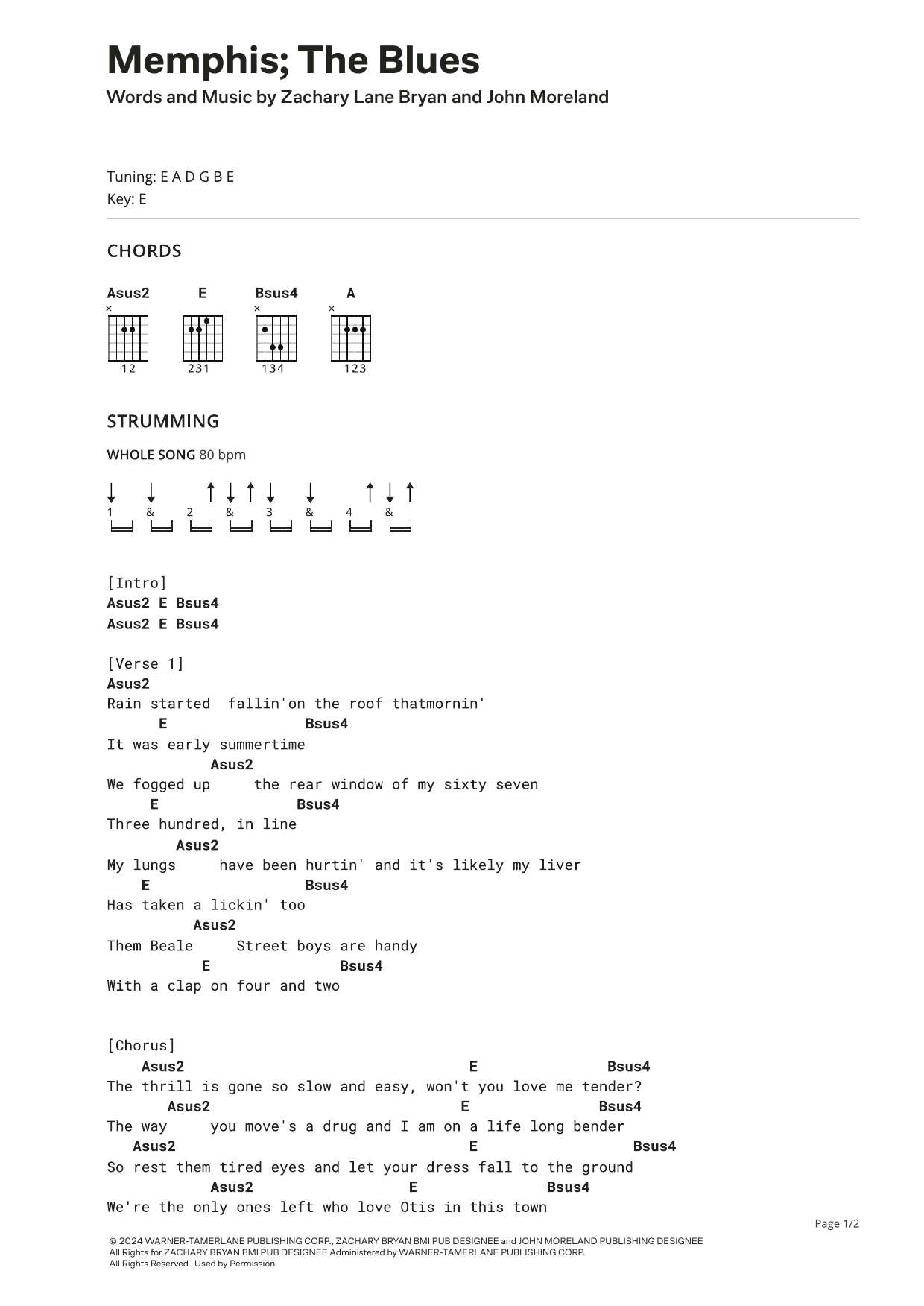 Zach Bryan Memphis; The Blues (feat. John Moreland) Sheet Music Notes & Chords for Ultimate Guitar - Download or Print PDF