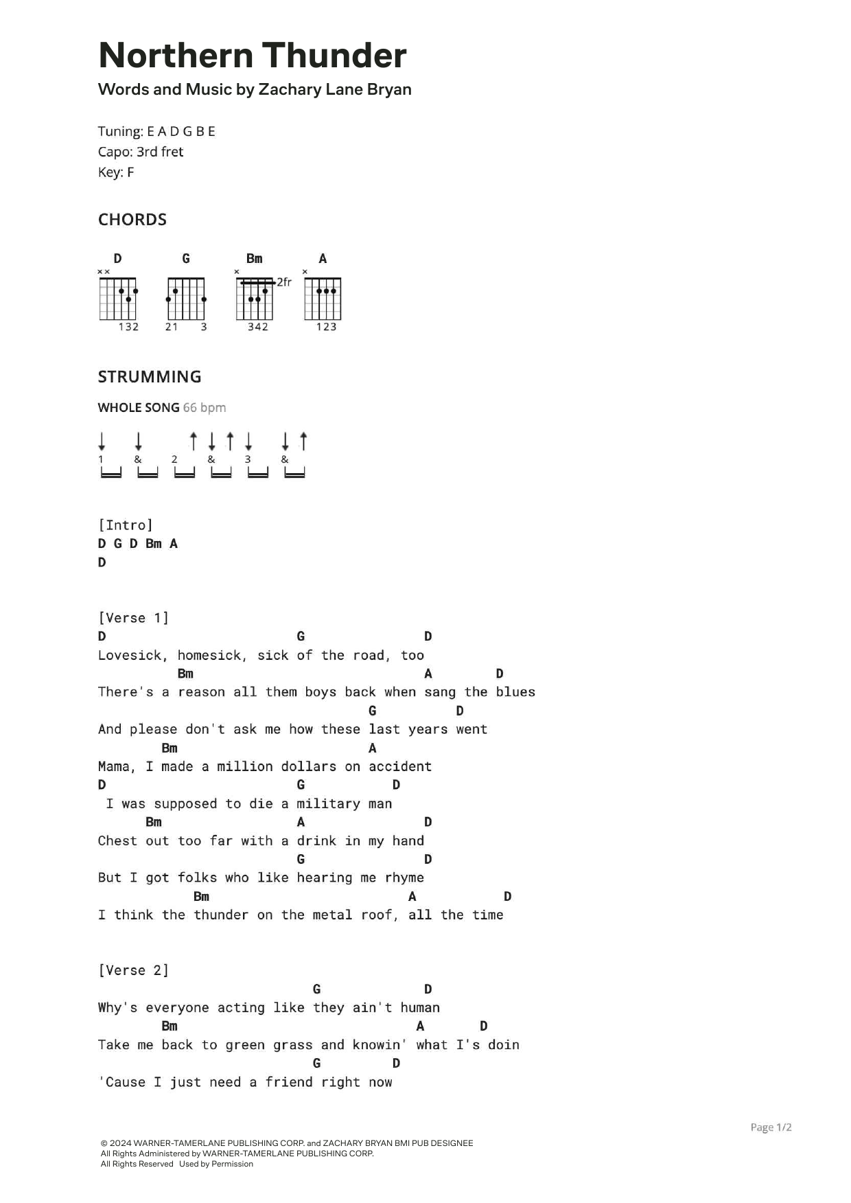 Zach Bryan Northern Thunder Sheet Music Notes & Chords for Ultimate Guitar - Download or Print PDF