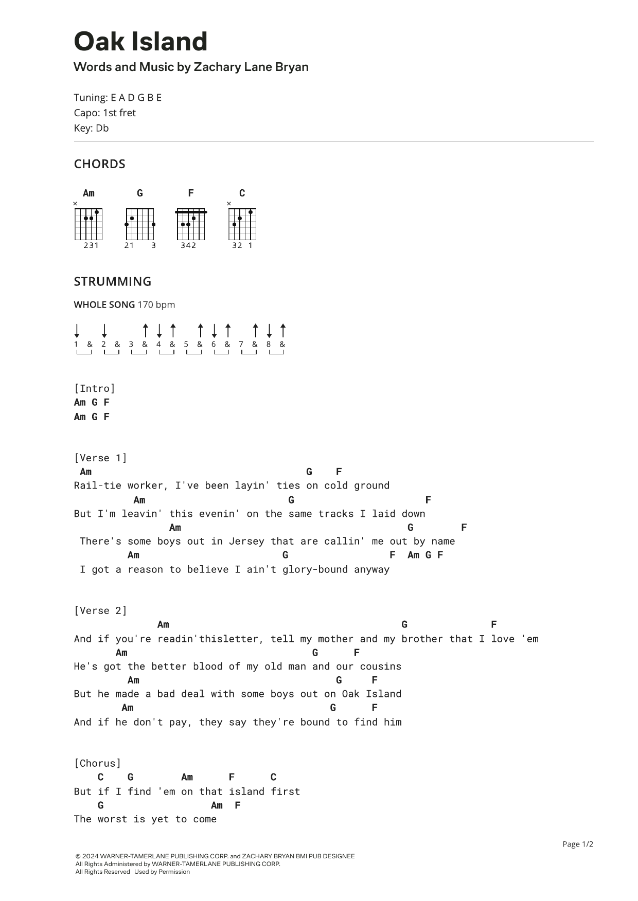 Zach Bryan Oak Island Sheet Music Notes & Chords for Ultimate Guitar - Download or Print PDF