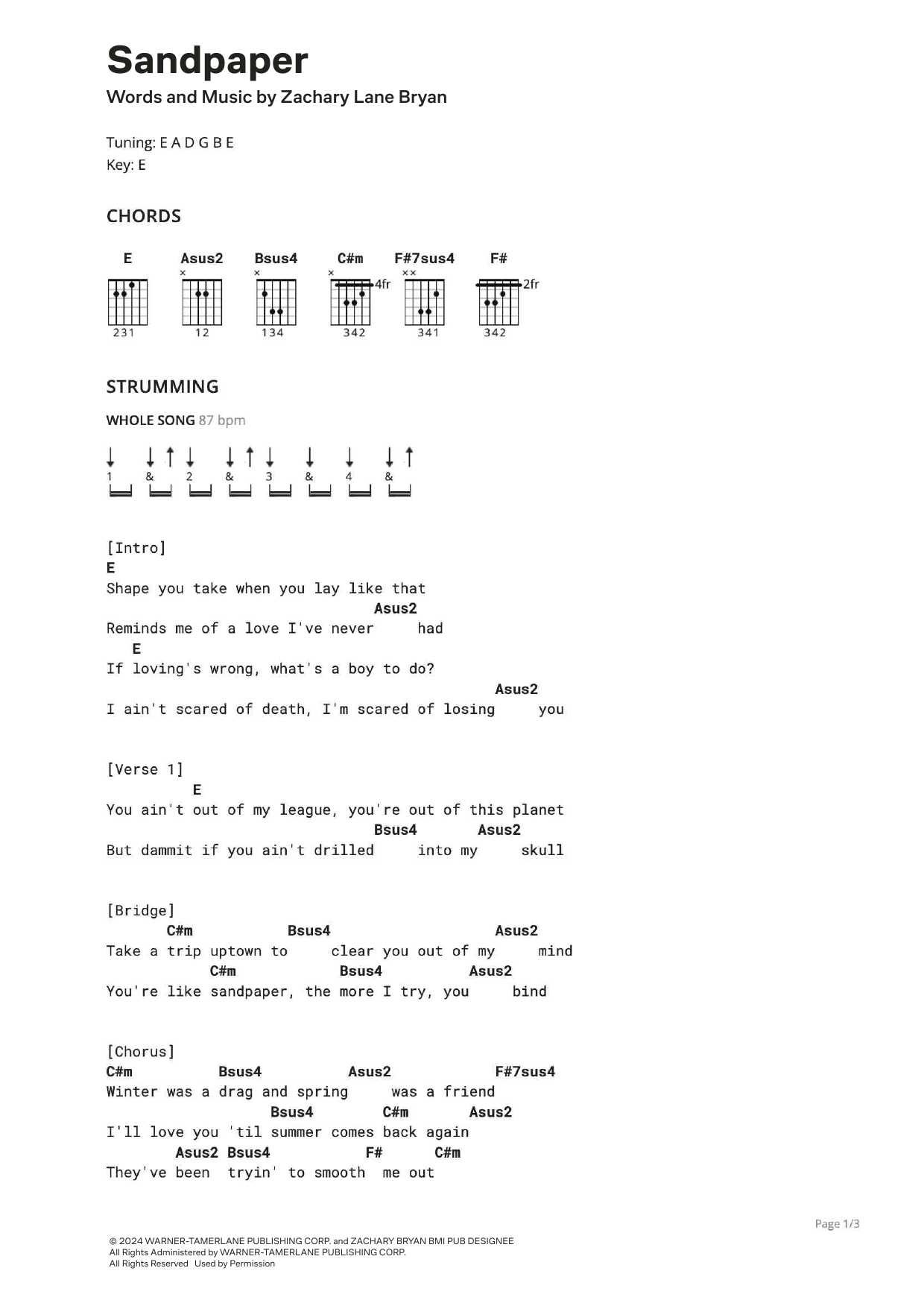 Zach Bryan Sandpaper (feat. Bruce Springsteen) Sheet Music Notes & Chords for Ultimate Guitar - Download or Print PDF