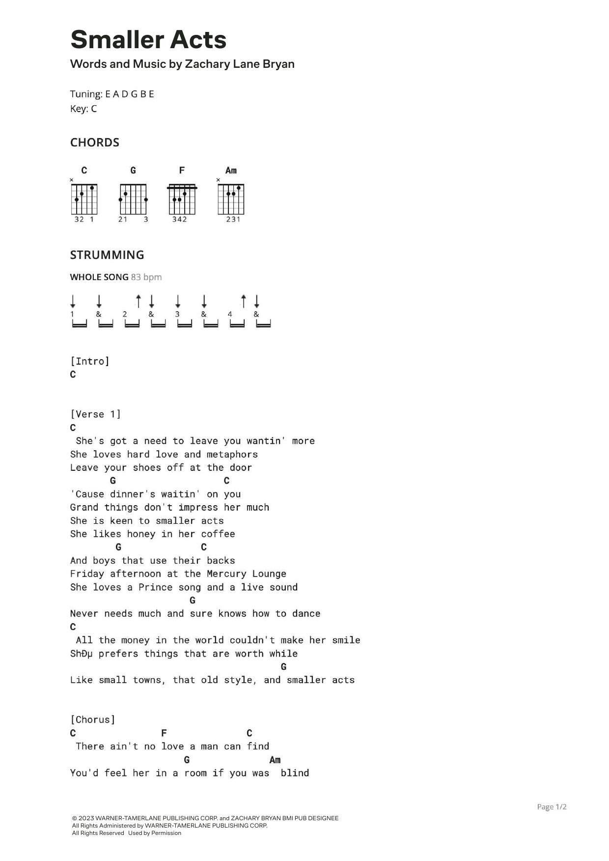 Zach Bryan Smaller Acts Sheet Music Notes & Chords for Ultimate Guitar - Download or Print PDF