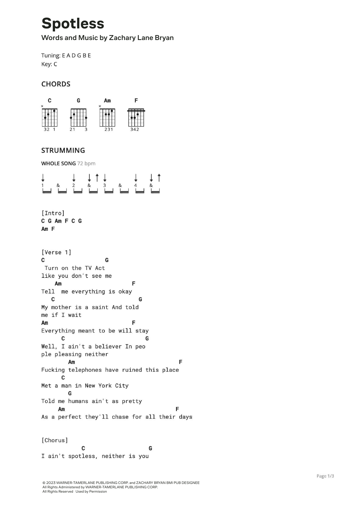 Zach Bryan Spotless (feat. The Lumineers) Sheet Music Notes & Chords for Ultimate Guitar - Download or Print PDF