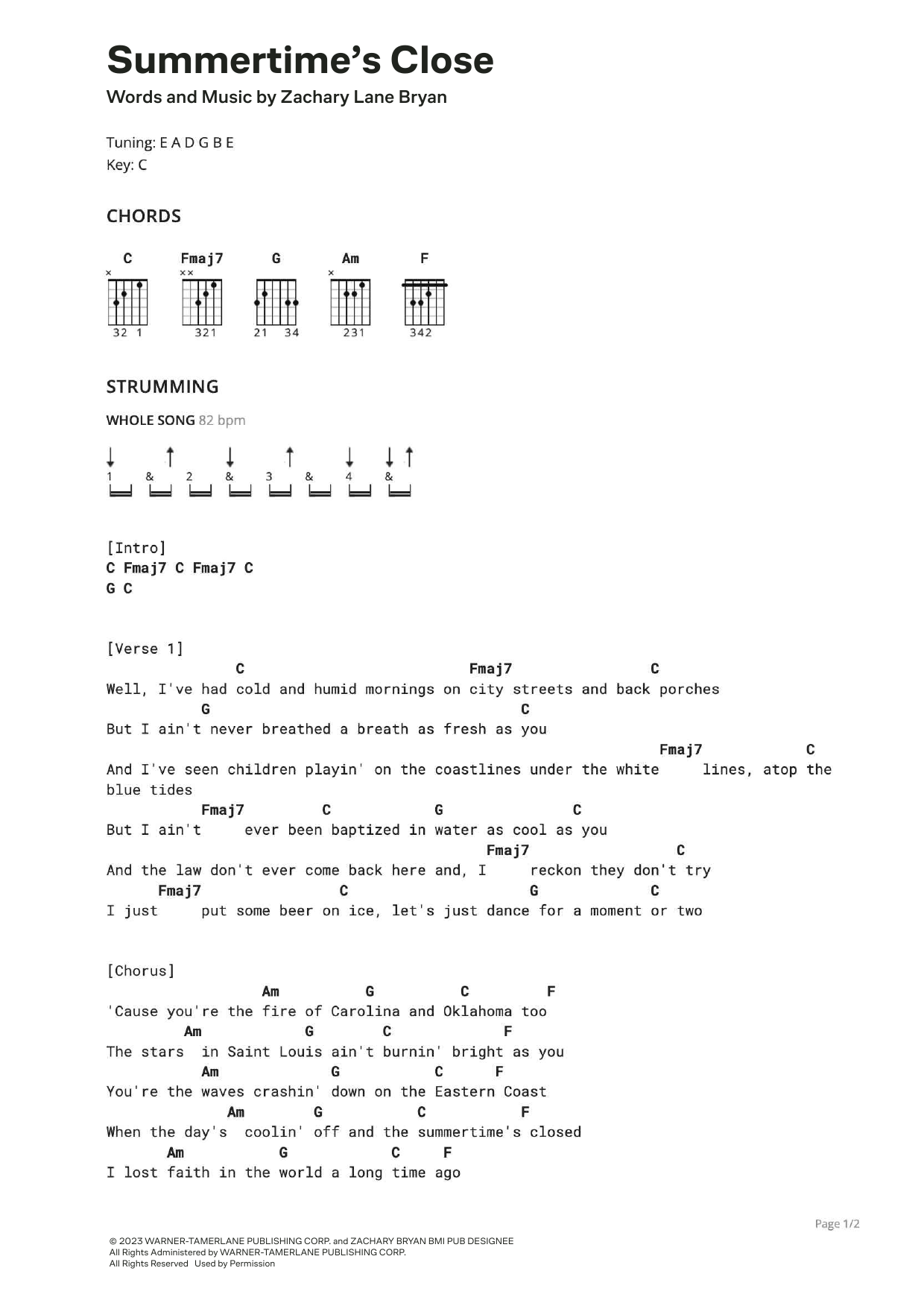 Zach Bryan Summertime's Close Sheet Music Notes & Chords for Ultimate Guitar - Download or Print PDF