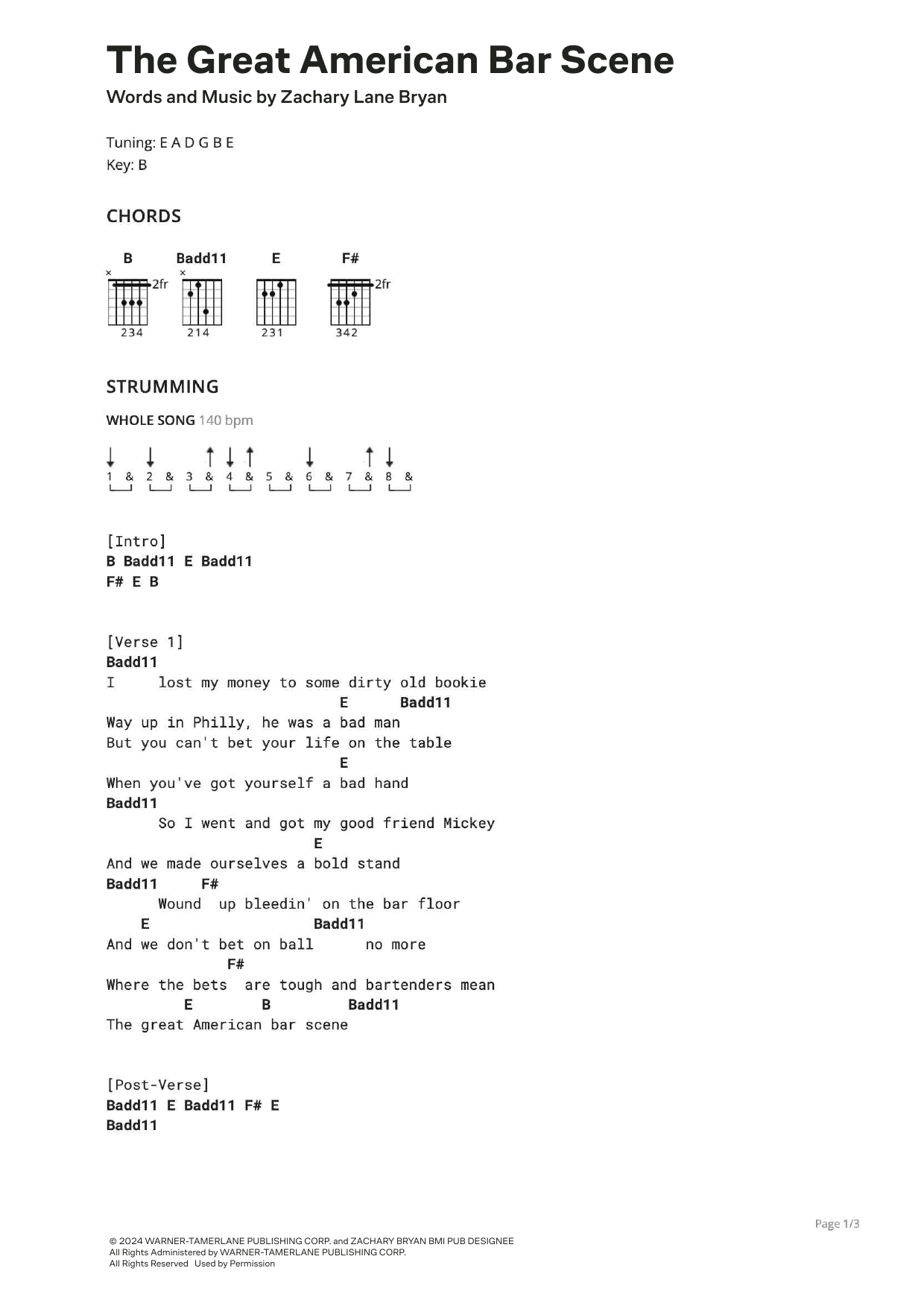 Zach Bryan The Great American Bar Scene Sheet Music Notes & Chords for Ultimate Guitar - Download or Print PDF