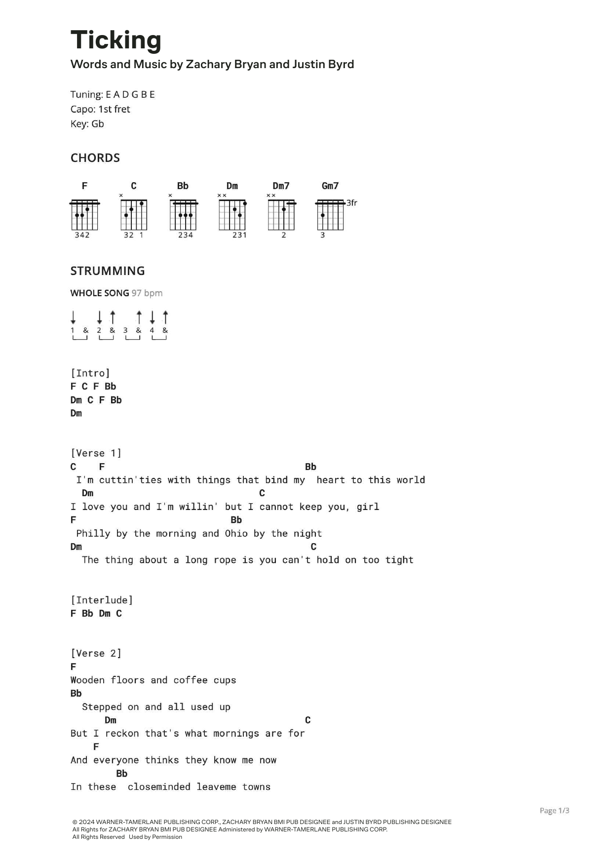 Zach Bryan Ticking Sheet Music Notes & Chords for Ultimate Guitar - Download or Print PDF