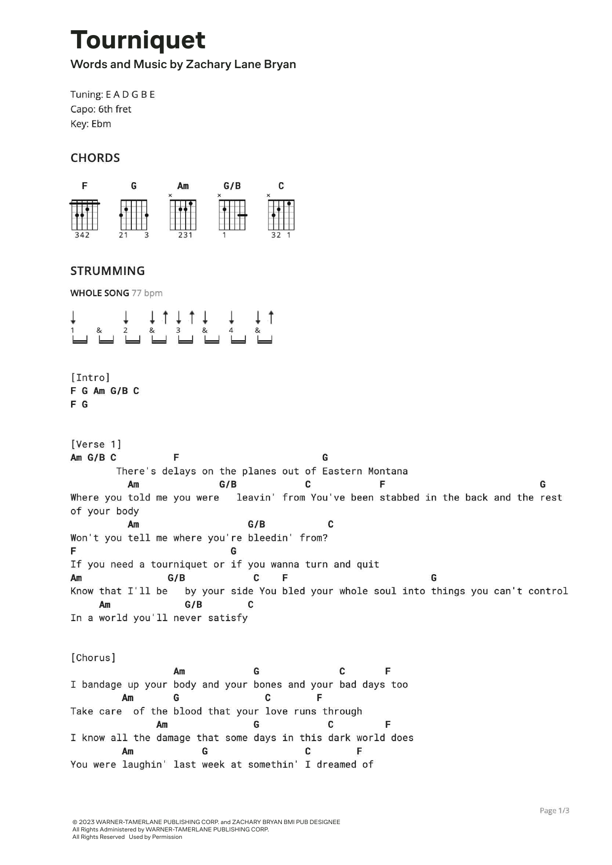 Zach Bryan Tourniquet Sheet Music Notes & Chords for Ultimate Guitar - Download or Print PDF