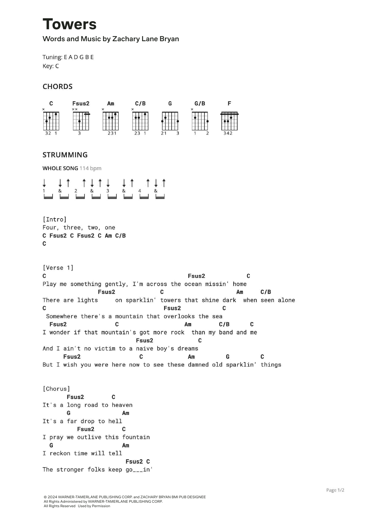 Zach Bryan Towers Sheet Music Notes & Chords for Ultimate Guitar - Download or Print PDF