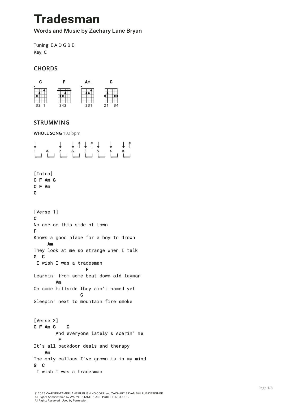 Zach Bryan Tradesman Sheet Music Notes & Chords for Ultimate Guitar - Download or Print PDF