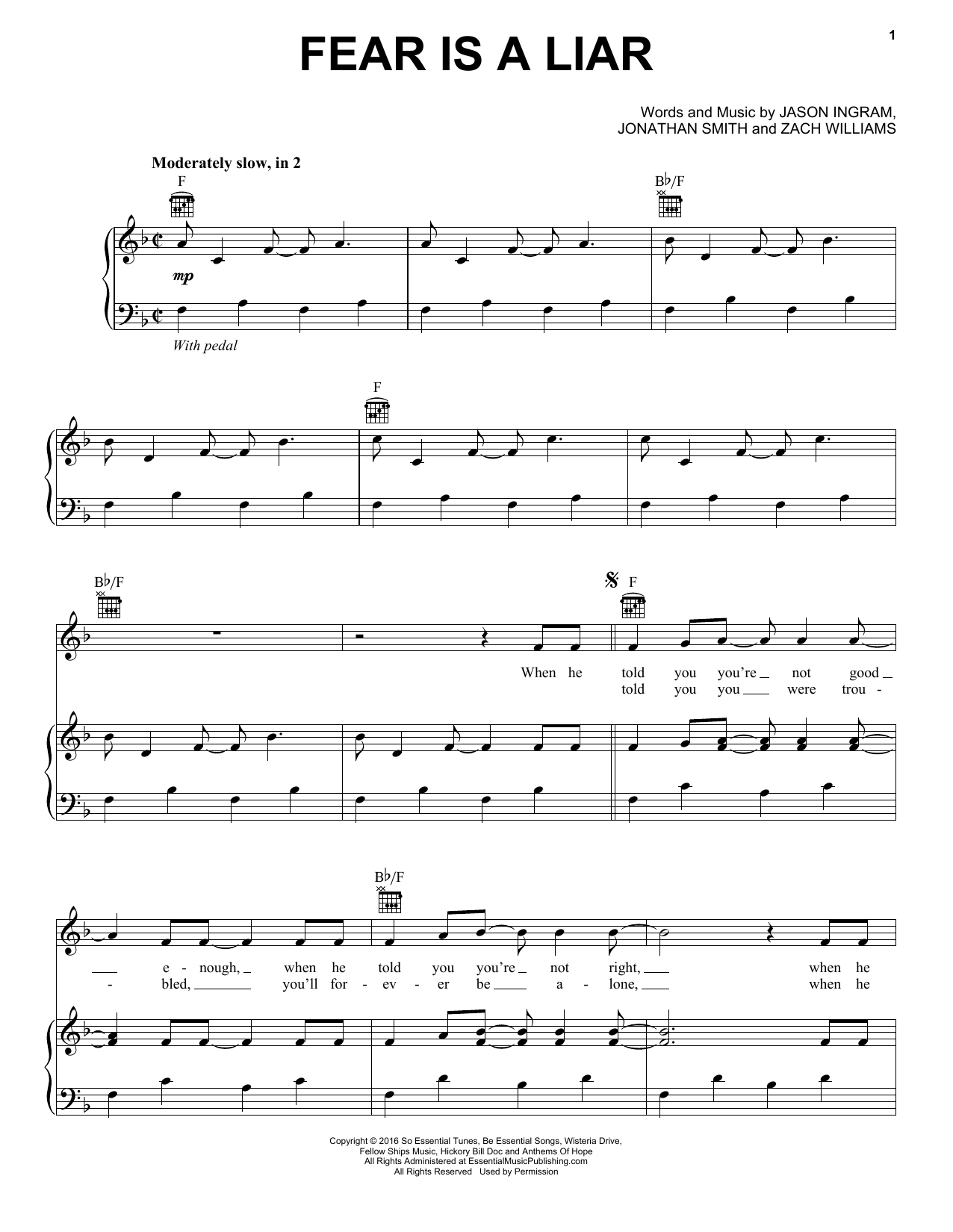 Zach Williams Fear Is A Liar Sheet Music Notes & Chords for Piano, Vocal & Guitar (Right-Hand Melody) - Download or Print PDF