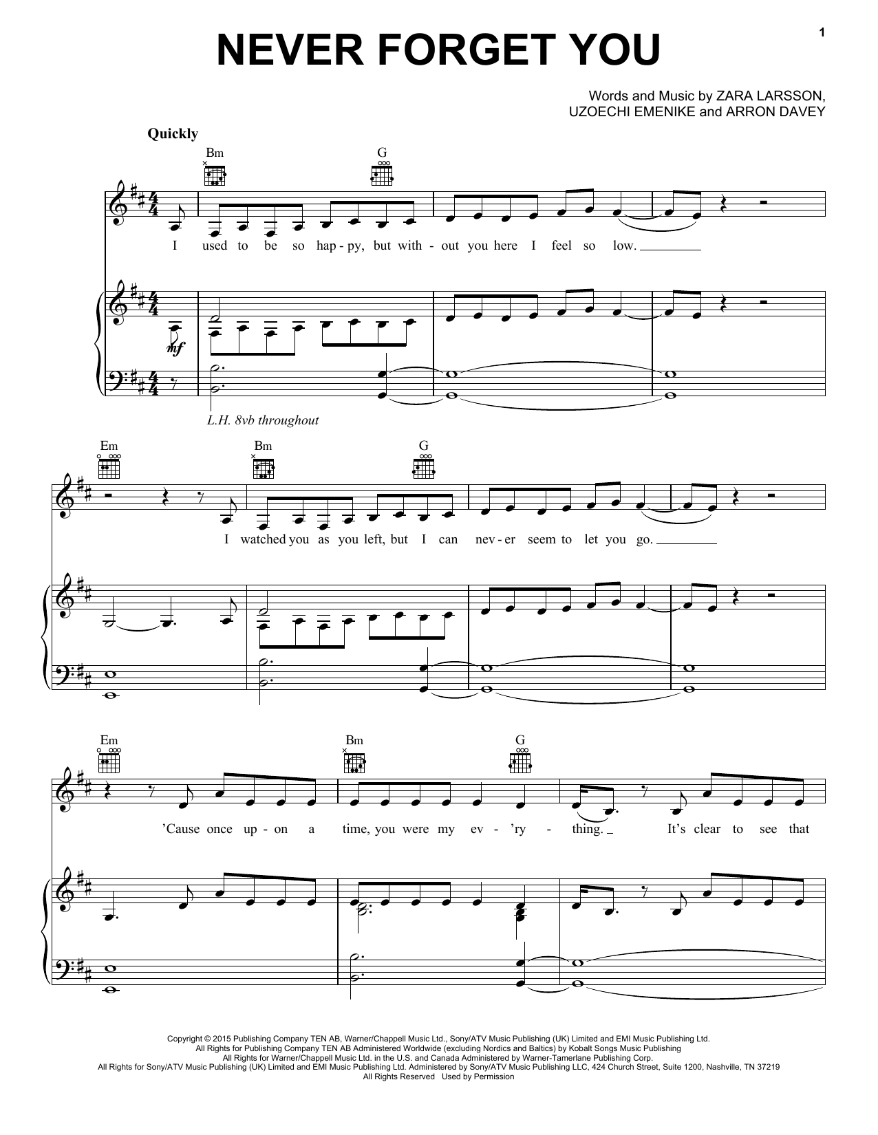 Zara Larsson & MNEK Never Forget You Sheet Music Notes & Chords for Piano, Vocal & Guitar (Right-Hand Melody) - Download or Print PDF