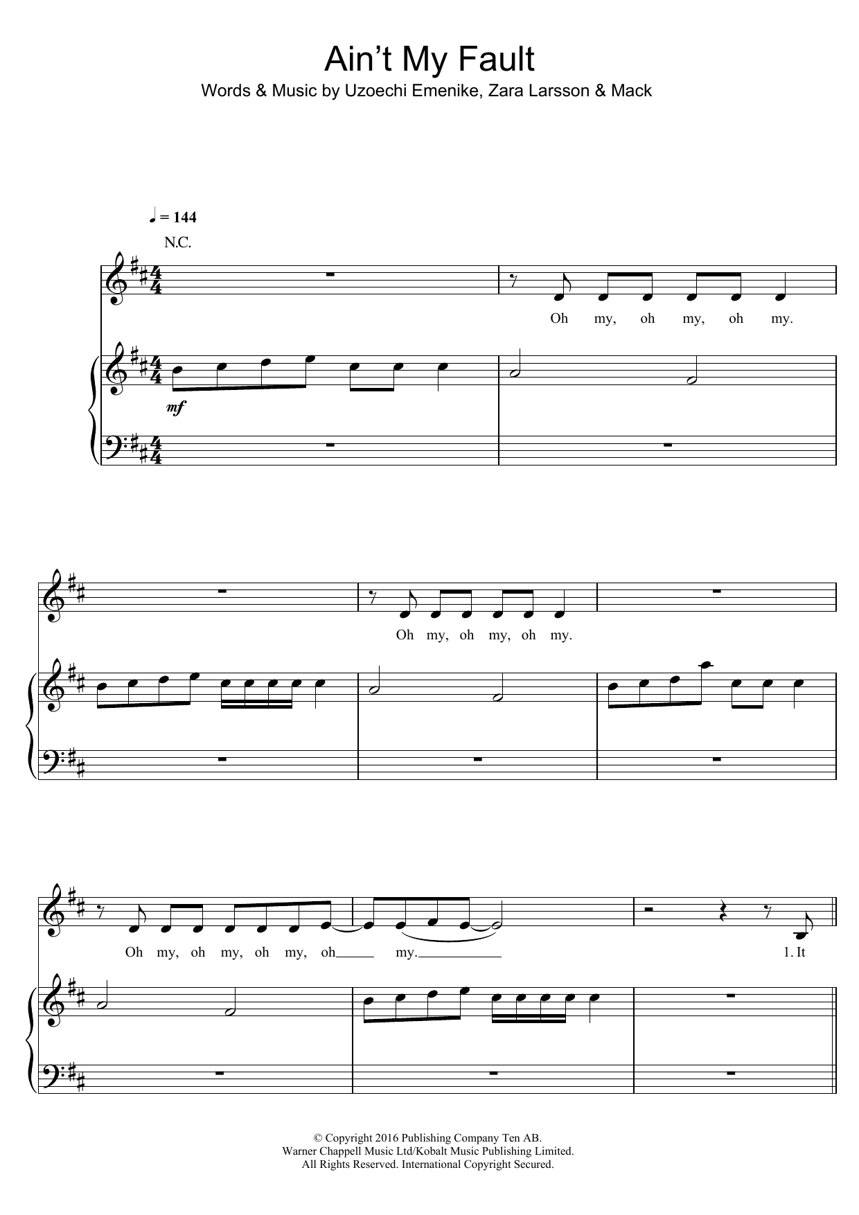 Zara Larsson Ain't My Fault Sheet Music Notes & Chords for Piano, Vocal & Guitar (Right-Hand Melody) - Download or Print PDF