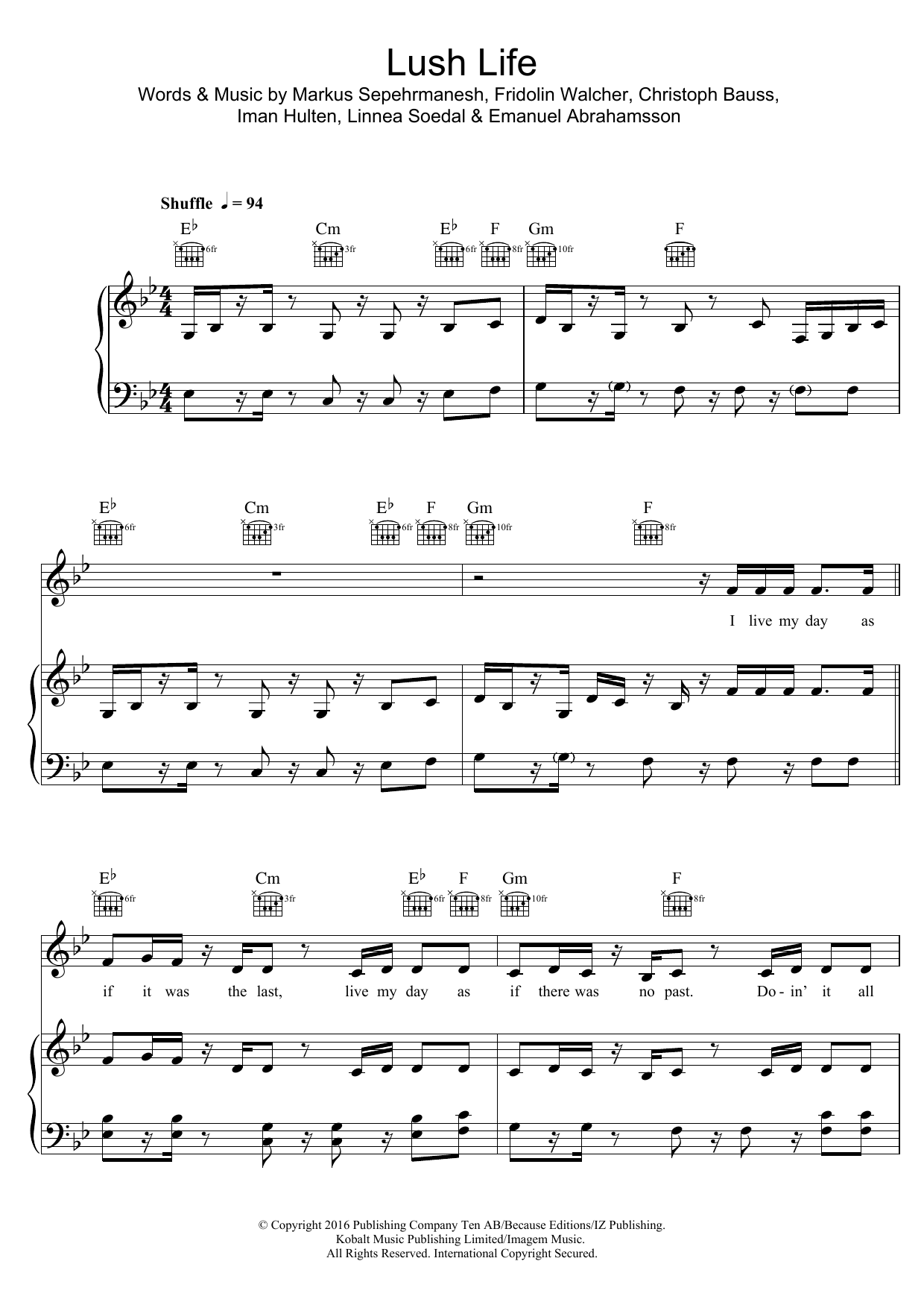 Zara Larsson Lush Life Sheet Music Notes & Chords for Piano, Vocal & Guitar (Right-Hand Melody) - Download or Print PDF