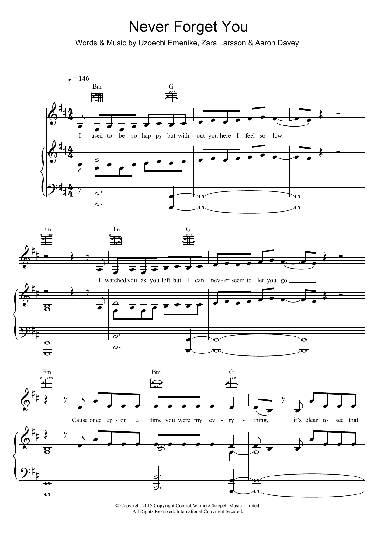 Zara Larsson Never Forget You Sheet Music Notes & Chords for Piano, Vocal & Guitar (Right-Hand Melody) - Download or Print PDF