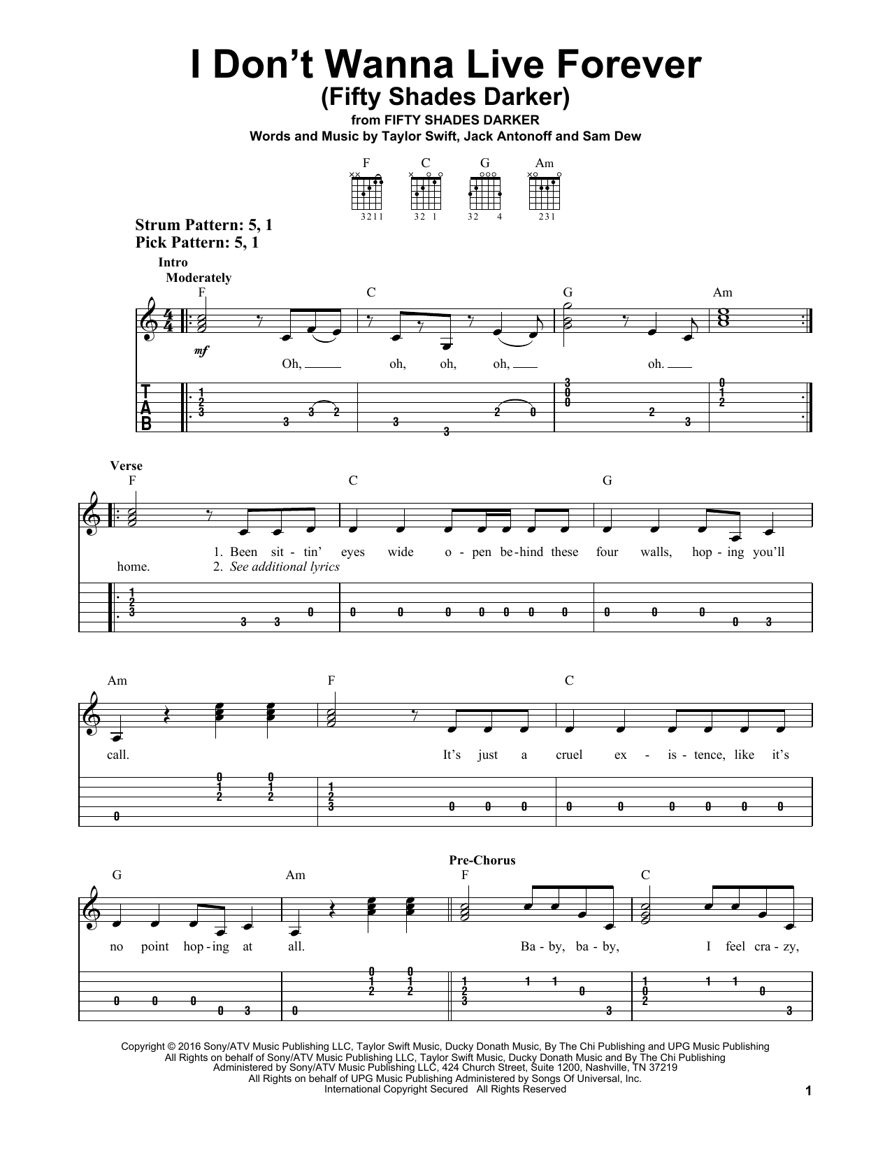 ZAYN and Taylor Swift I Don't Wanna Live Forever (Fifty Shades Darker) Sheet Music Notes & Chords for Lyrics & Chords - Download or Print PDF