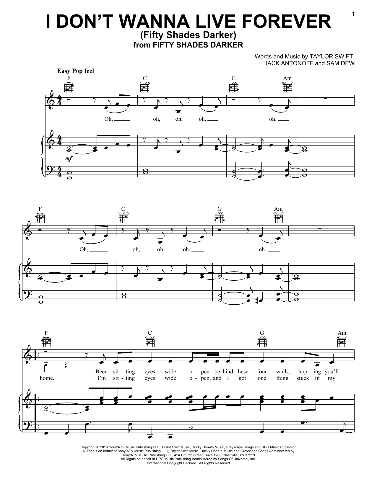 Zayn and Taylor Swift I Don't Wanna Live Forever Sheet Music Notes & Chords for Piano, Vocal & Guitar (Right-Hand Melody) - Download or Print PDF
