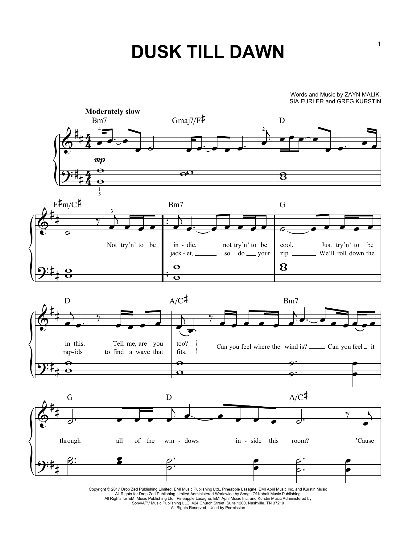 ZAYN Dusk Till Dawn (feat. Sia) Sheet Music Notes & Chords for Easy Piano - Download or Print PDF