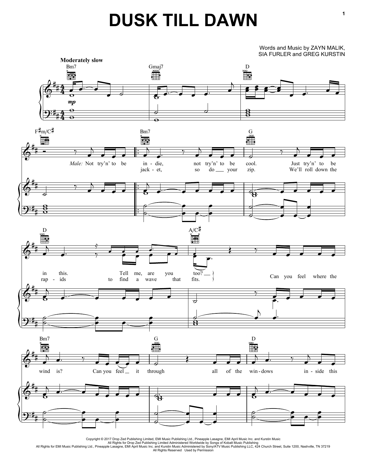 ZAYN feat. Sia Dusk Till Dawn Sheet Music Notes & Chords for Piano, Vocal & Guitar (Right-Hand Melody) - Download or Print PDF