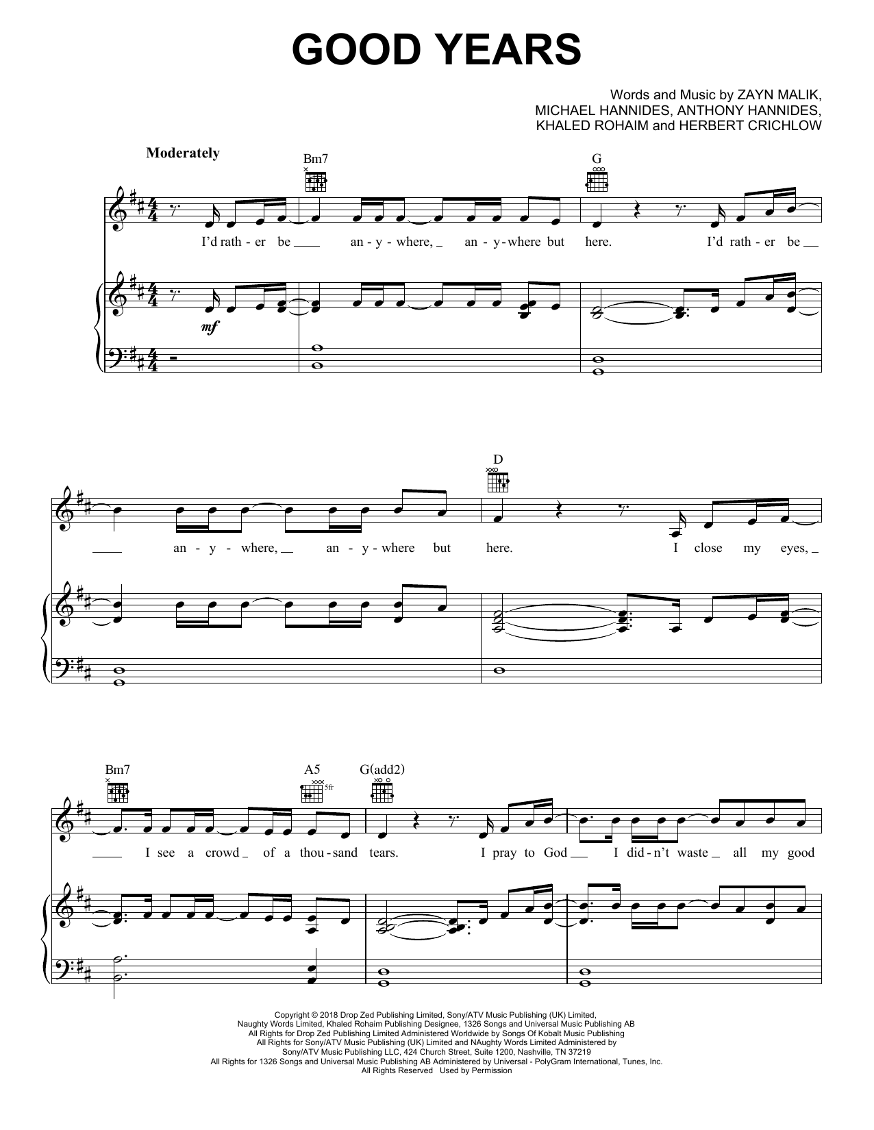 Zayn Good Years Sheet Music Notes & Chords for Piano, Vocal & Guitar (Right-Hand Melody) - Download or Print PDF