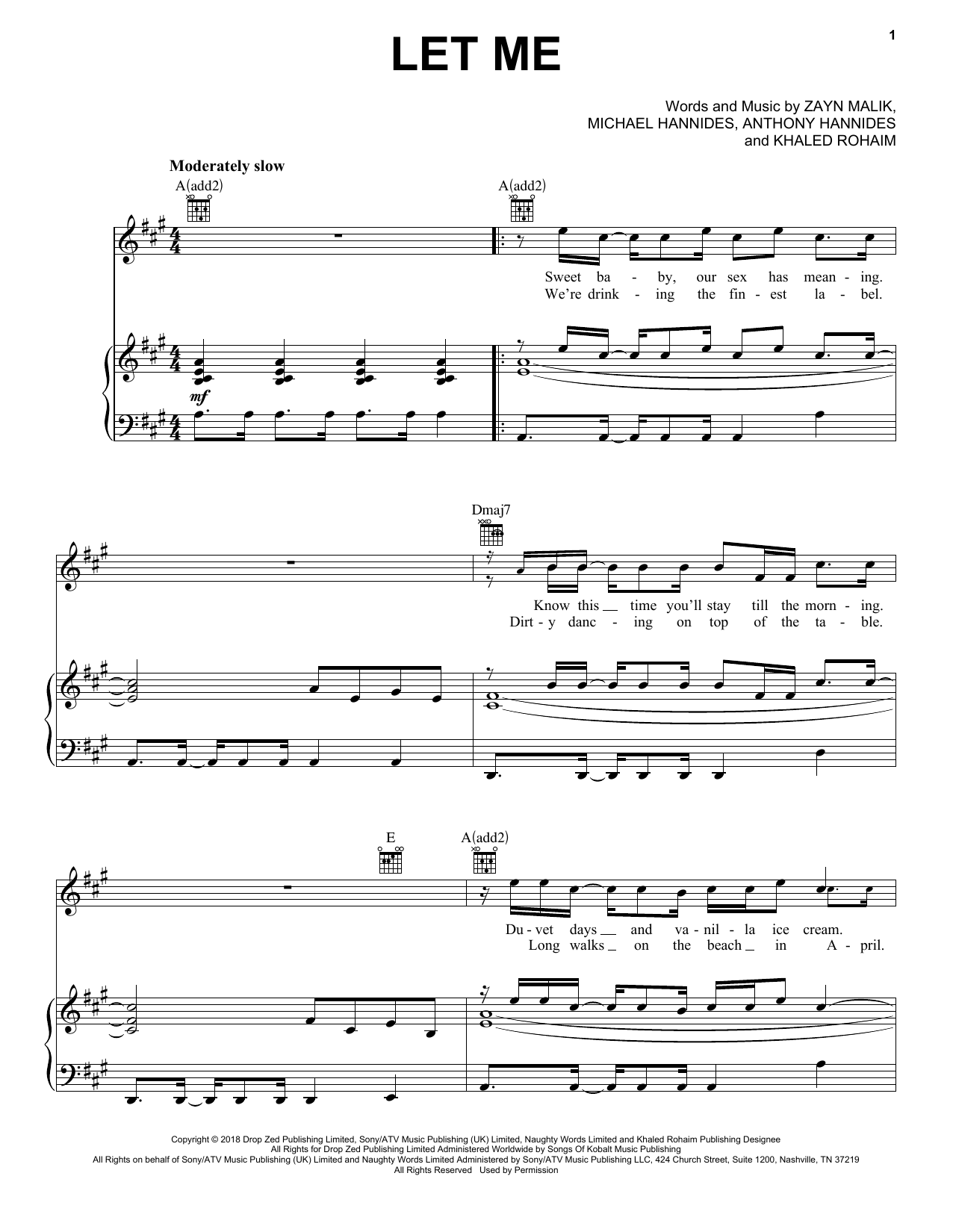 Zayn Let Me Sheet Music Notes & Chords for Piano, Vocal & Guitar (Right-Hand Melody) - Download or Print PDF