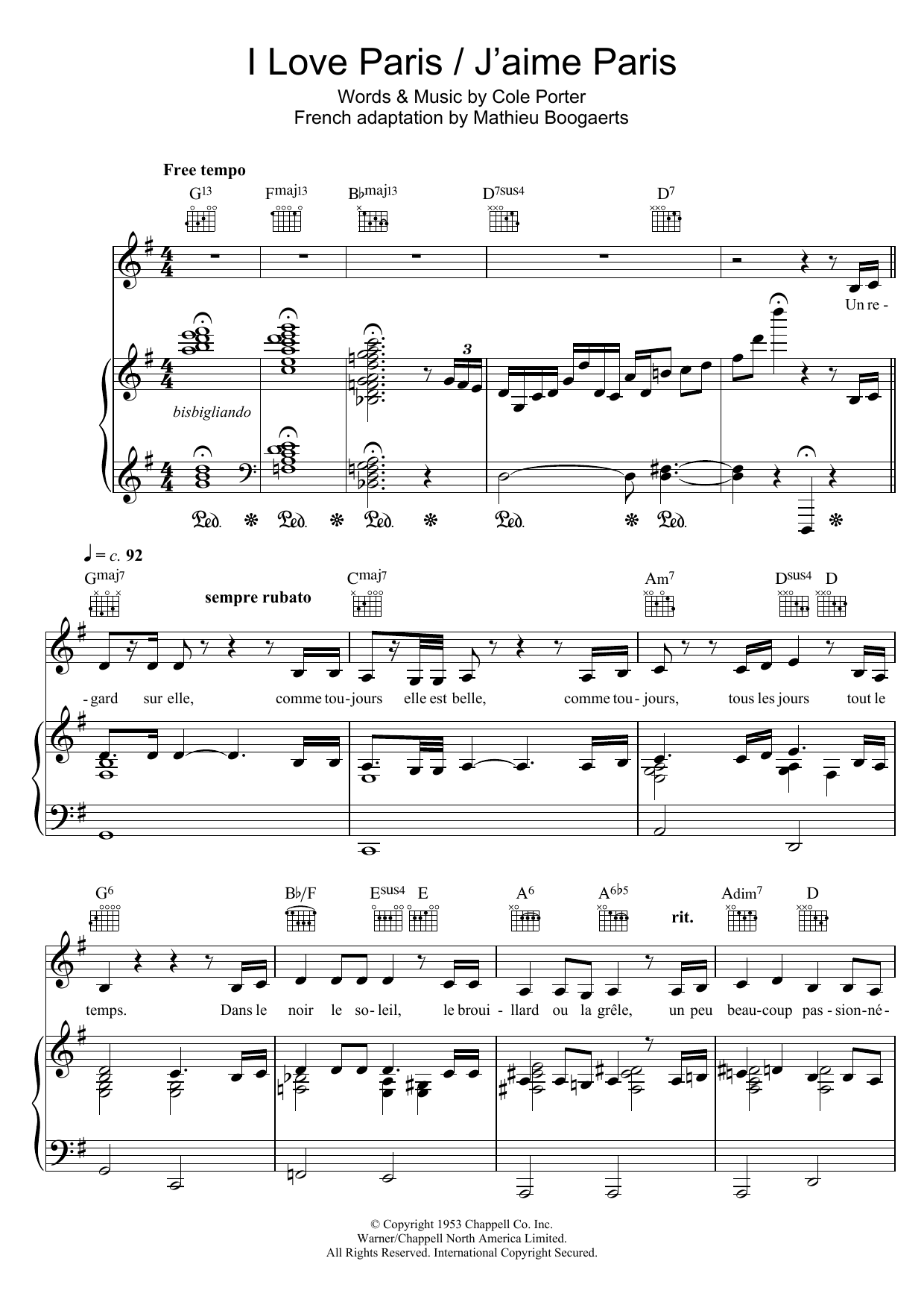 Zaz I Love Paris - J'aime Paris Sheet Music Notes & Chords for Piano, Vocal & Guitar (Right-Hand Melody) - Download or Print PDF