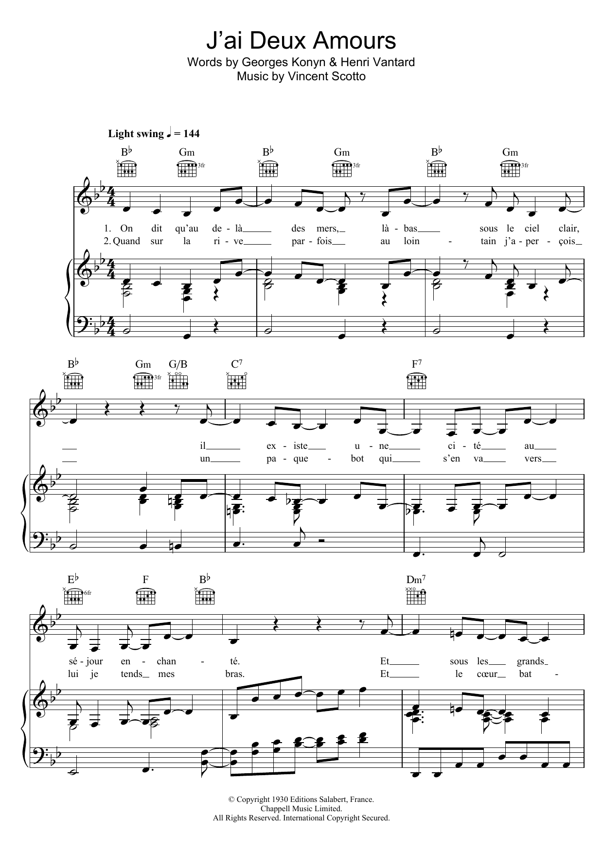 Zaz J'ai Deux Amours Sheet Music Notes & Chords for Piano, Vocal & Guitar (Right-Hand Melody) - Download or Print PDF