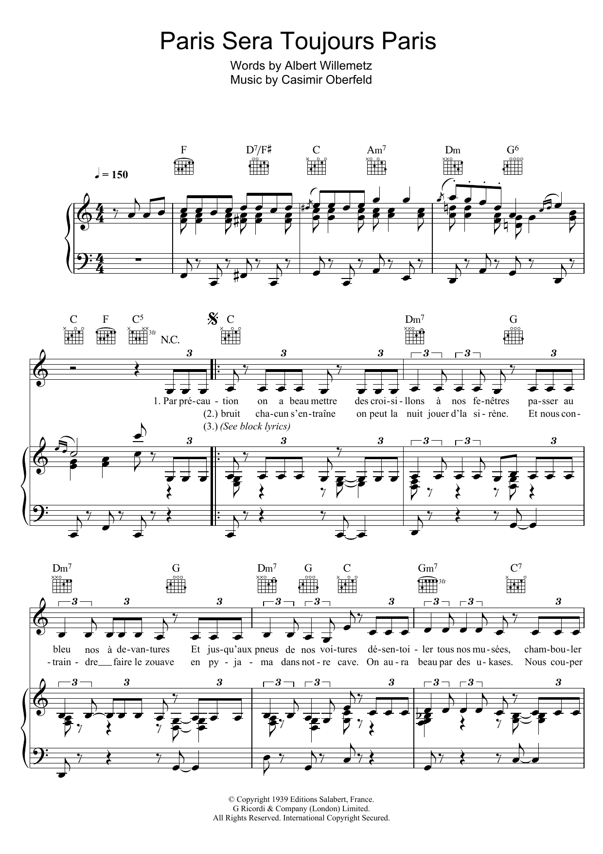 Zaz Paris sera toujours Paris Sheet Music Notes & Chords for Piano, Vocal & Guitar (Right-Hand Melody) - Download or Print PDF