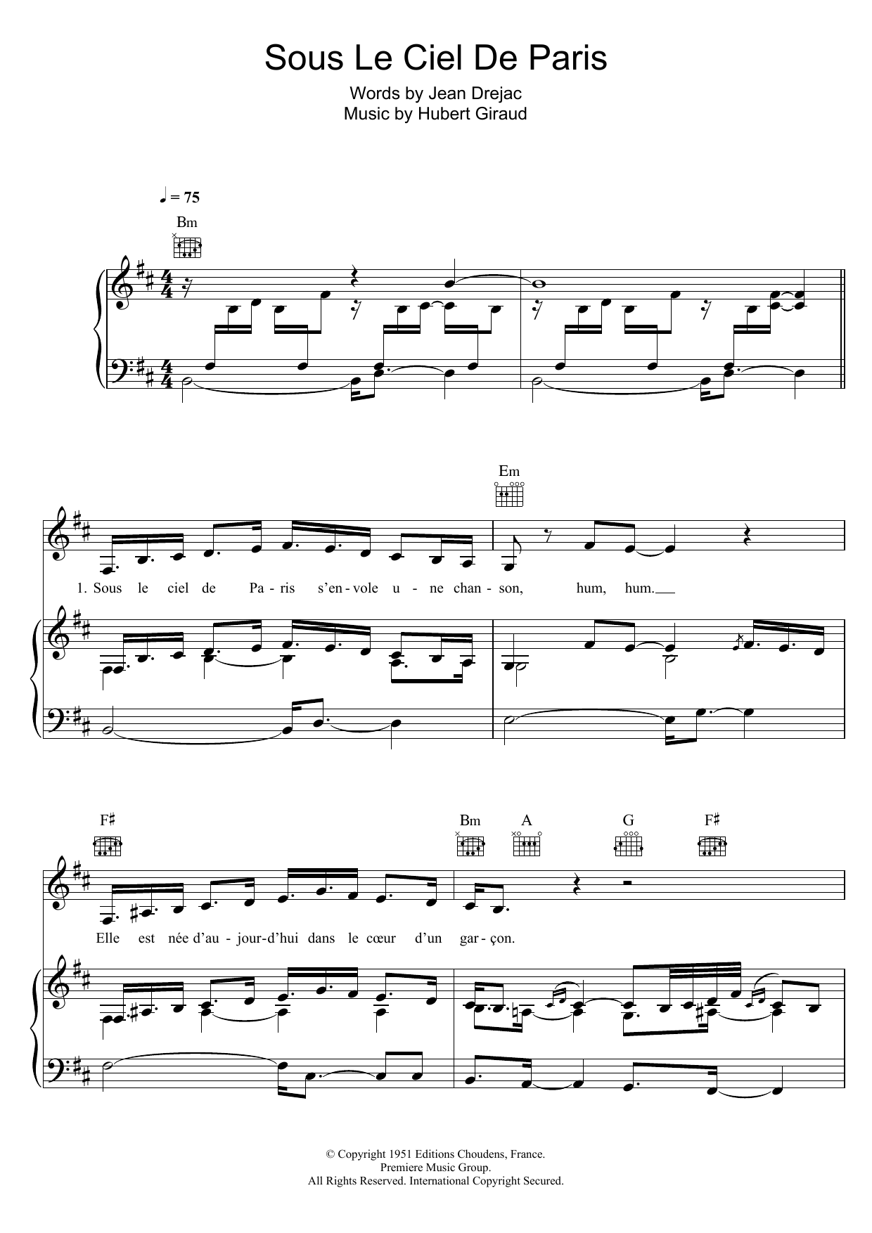 Zaz Sous Le Ciel De Paris Sheet Music Notes & Chords for Piano, Vocal & Guitar (Right-Hand Melody) - Download or Print PDF