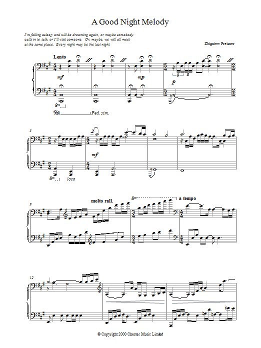 Zbigniew Preisner A Good Night Melody Sheet Music Notes & Chords for Piano - Download or Print PDF
