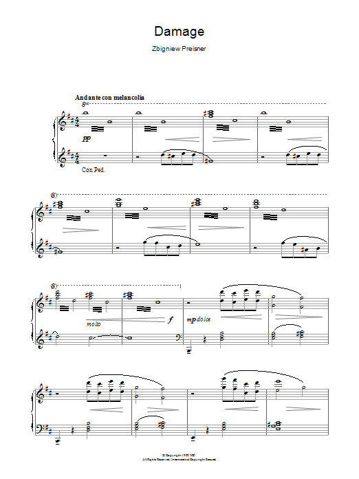 Zbigniew Preisner Damage (from the film Damage) Sheet Music Notes & Chords for Piano - Download or Print PDF