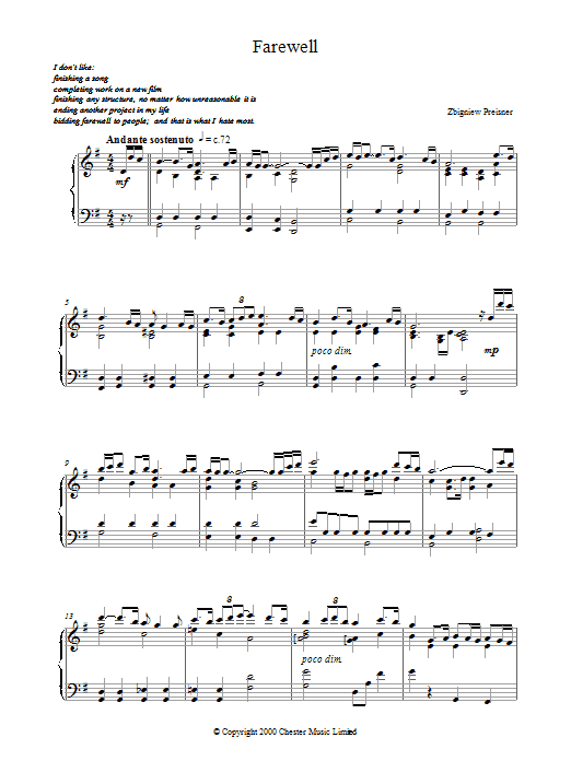 Zbigniew Preisner Farewell Sheet Music Notes & Chords for Piano - Download or Print PDF