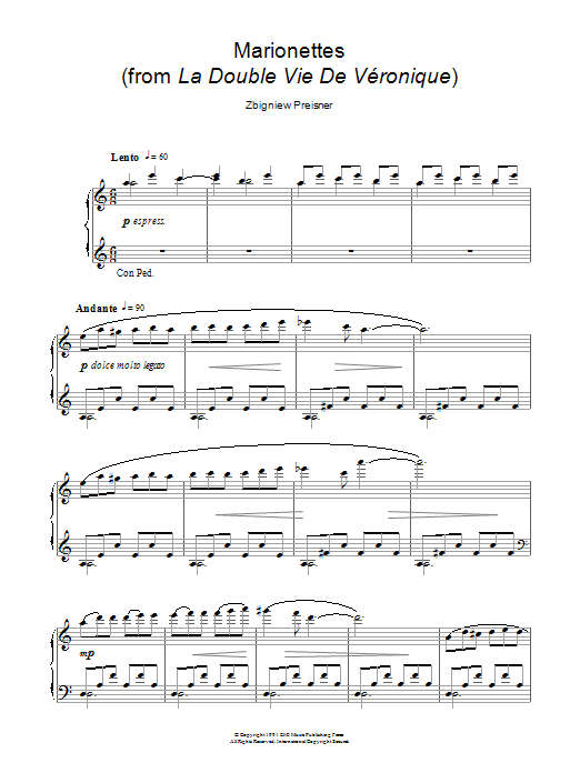 Zbigniew Preisner Marionettes (from La Double Vie De Veronique) Sheet Music Notes & Chords for Piano - Download or Print PDF