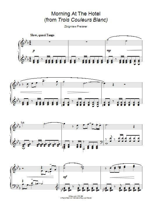 Zbigniew Preisner Morning At The Hotel (from Trois Couleurs Blanc) Sheet Music Notes & Chords for Piano - Download or Print PDF