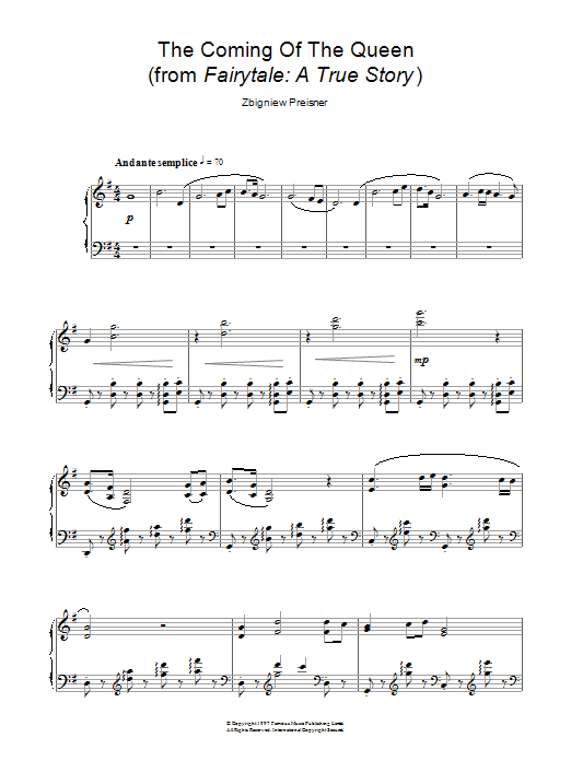 Zbigniew Preisner The Coming Of The Queen (from Fairytale: A True Story) Sheet Music Notes & Chords for Piano - Download or Print PDF