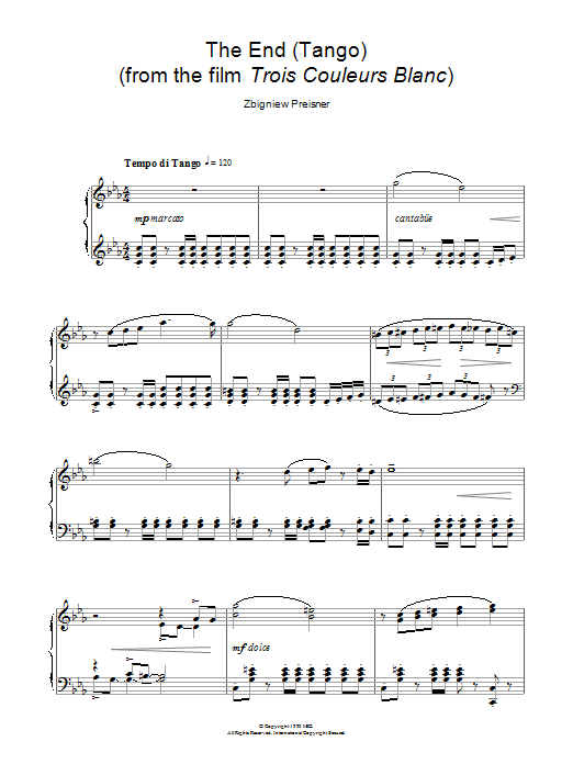 Zbigniew Preisner The End (Tango) (from Trois Couleurs Blanc) Sheet Music Notes & Chords for Piano - Download or Print PDF