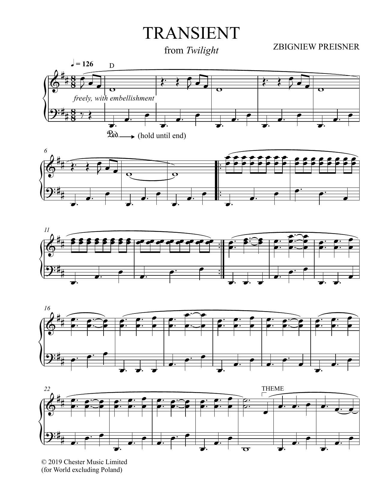 Zbigniew Preisner Transient Sheet Music Notes & Chords for Piano Solo - Download or Print PDF