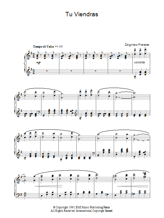 Zbigniew Preisner Tu Viendras (from La Double Vie De Veronique) Sheet Music Notes & Chords for Piano - Download or Print PDF