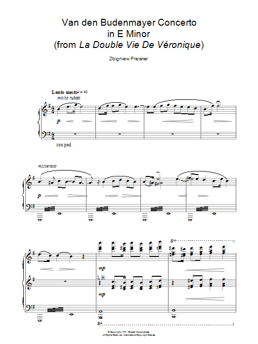 Zbigniew Preisner Van Den Budenmayer Concerto In E Minor (from La Double Vie De Veronique) Sheet Music Notes & Chords for Piano - Download or Print PDF