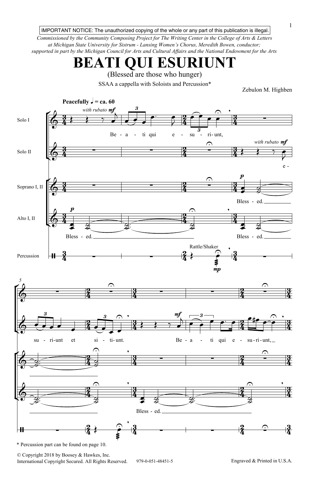 Zebulon Highben Beati Qui Esuriunt (Blessed Are Those Who Hunger) Sheet Music Notes & Chords for SSA - Download or Print PDF