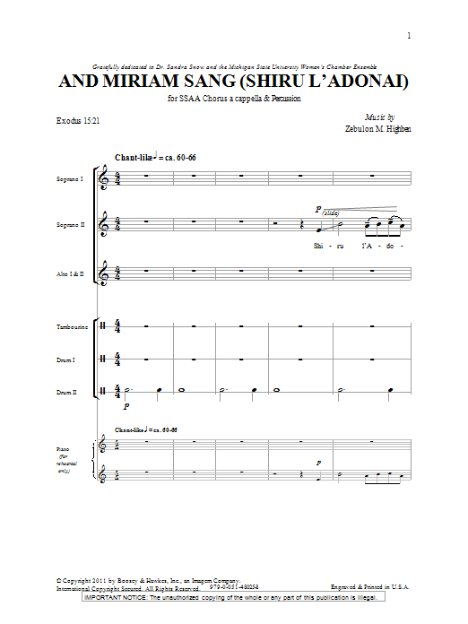 Zebulon M. Highben And Miriam Sang (Shiru L'Adonai) Sheet Music Notes & Chords for SSA - Download or Print PDF
