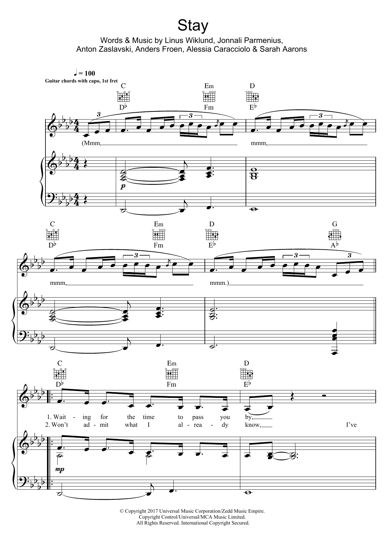 Zedd & Alessia Cara Stay Sheet Music Notes & Chords for Piano, Vocal & Guitar - Download or Print PDF