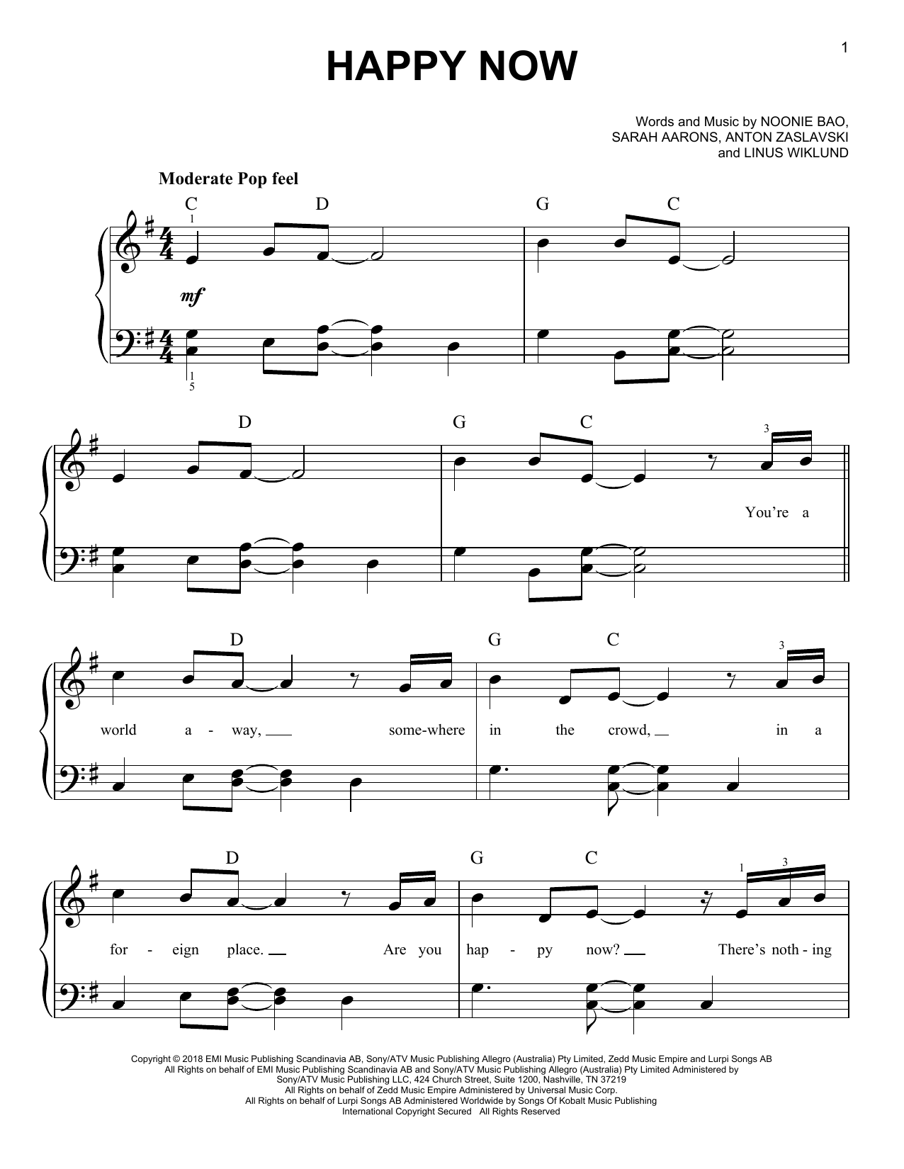 Zedd & Elley Duhé Happy Now (feat. Elley Duhé) Sheet Music Notes & Chords for Easy Piano - Download or Print PDF
