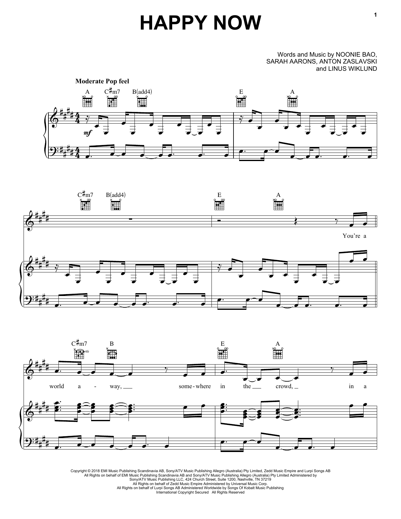 Zedd & Elley Duhé Happy Now Sheet Music Notes & Chords for Piano, Vocal & Guitar (Right-Hand Melody) - Download or Print PDF