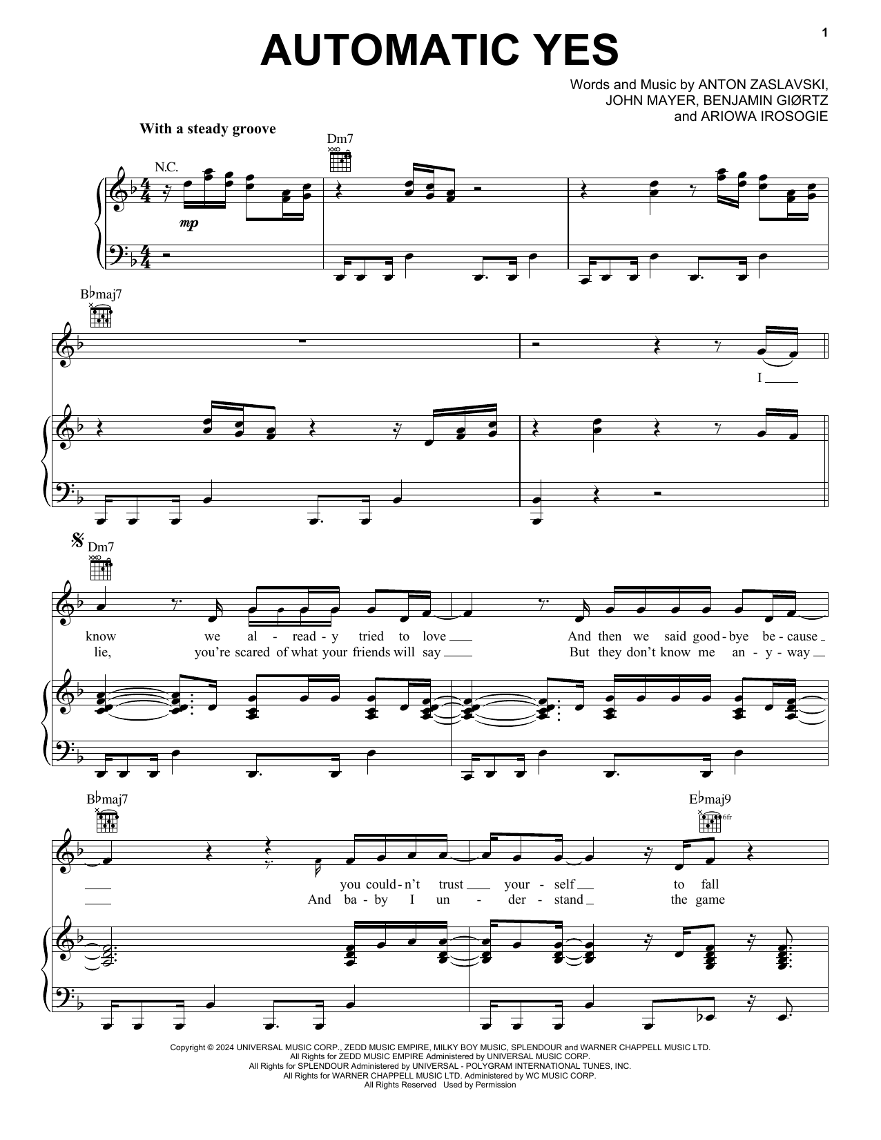 Zedd Automatic Yes (feat. John Mayer) Sheet Music Notes & Chords for Piano, Vocal & Guitar Chords (Right-Hand Melody) - Download or Print PDF