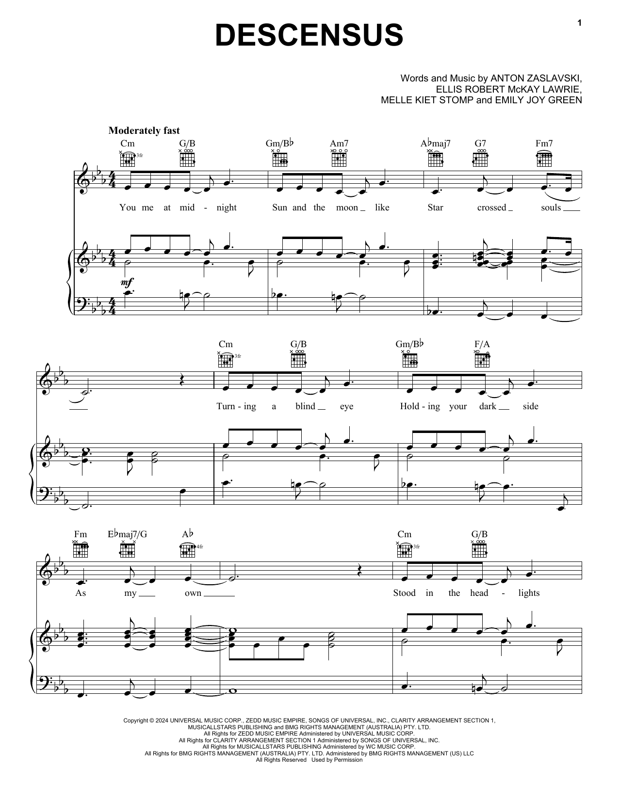 Zedd Descensus (feat. Dora Jar) Sheet Music Notes & Chords for Piano, Vocal & Guitar Chords (Right-Hand Melody) - Download or Print PDF