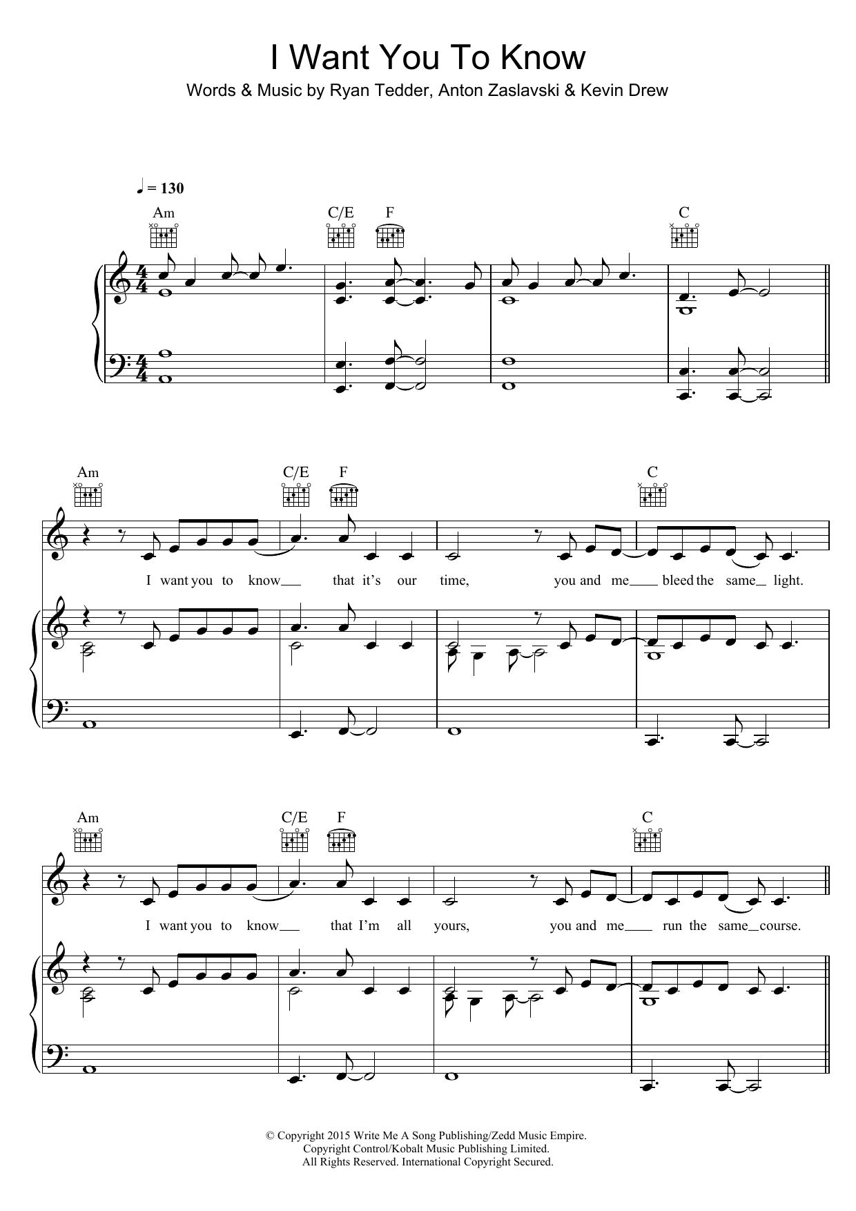 Zedd I Want You To Know (featuring Selena Gomez) Sheet Music Notes & Chords for Piano, Vocal & Guitar (Right-Hand Melody) - Download or Print PDF
