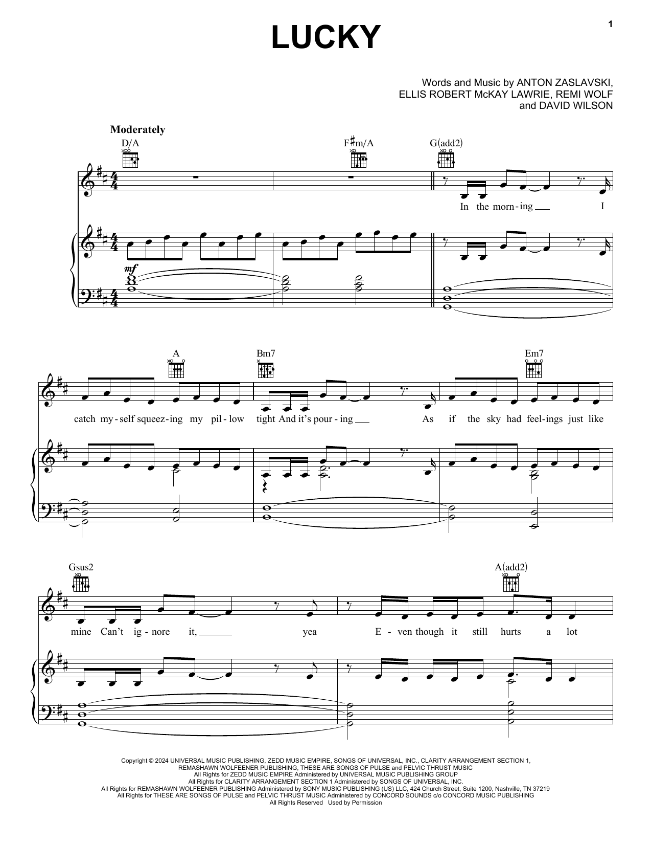 Zedd Lucky (feat. Remi Wolf) Sheet Music Notes & Chords for Piano, Vocal & Guitar Chords (Right-Hand Melody) - Download or Print PDF