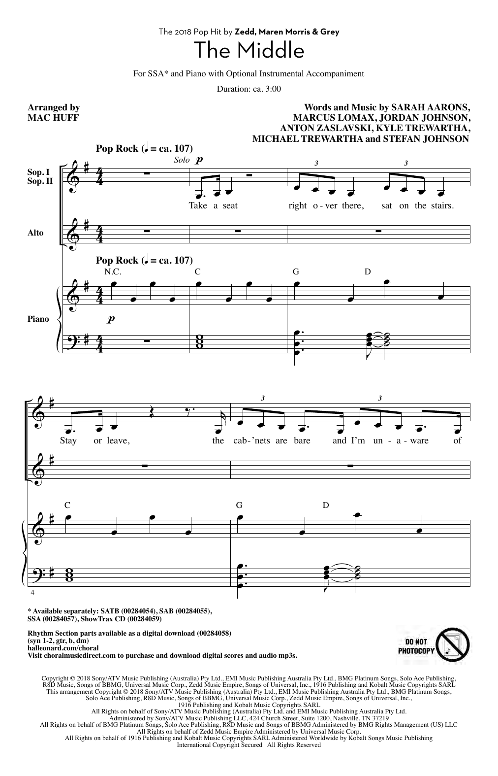 Zedd, Maren Morris & Grey The Middle (arr. Mac Huff) Sheet Music Notes & Chords for SSA - Download or Print PDF